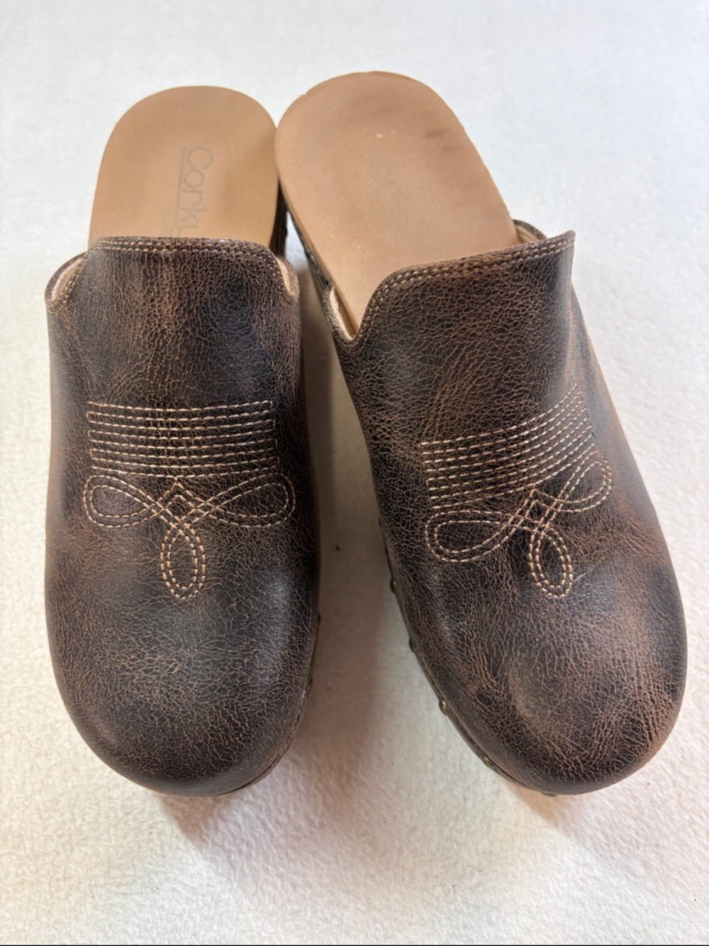 Corkys Brown Leather Embroidered Slip-On Clogs